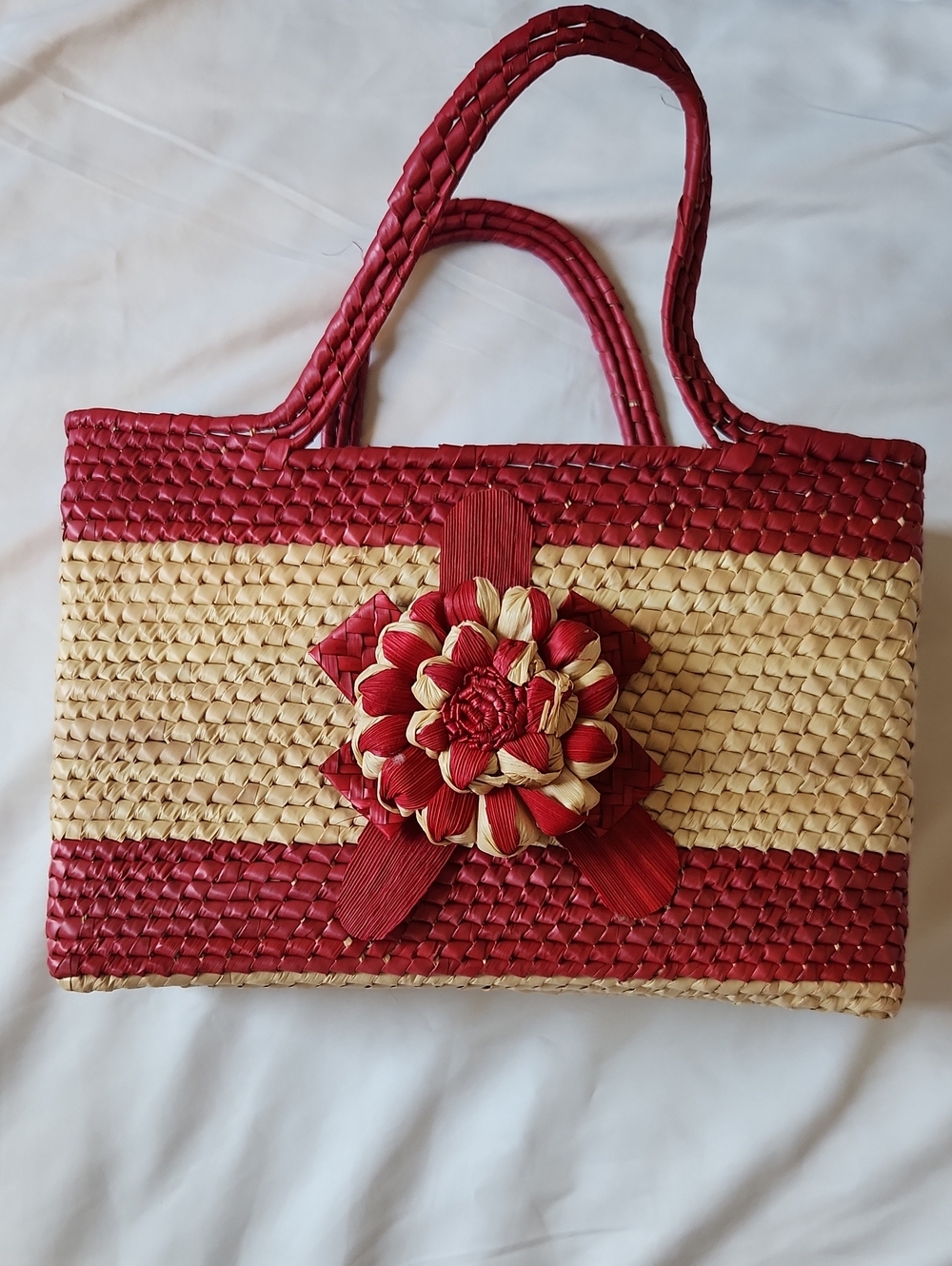 Red and Natural Woven Tote with Floral Accent